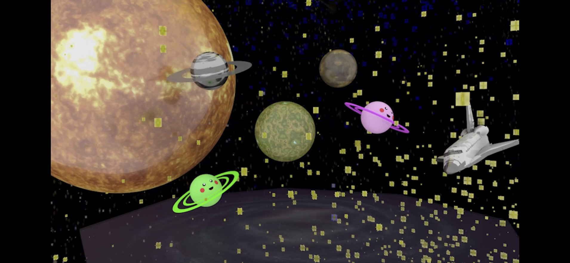 Still from a digital animation showing the solar system and a space shuttle